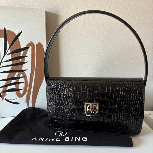 Anine Bing Elly Shoulder Bag‎ Croc Embossed Black Leather Purse - Picture 10 of 10